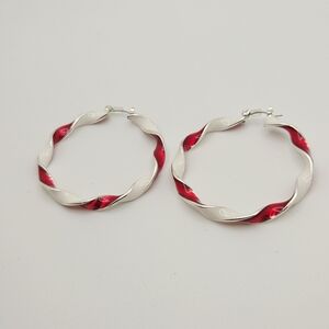 Chic Twisted Silver and Red Hoop Earrings